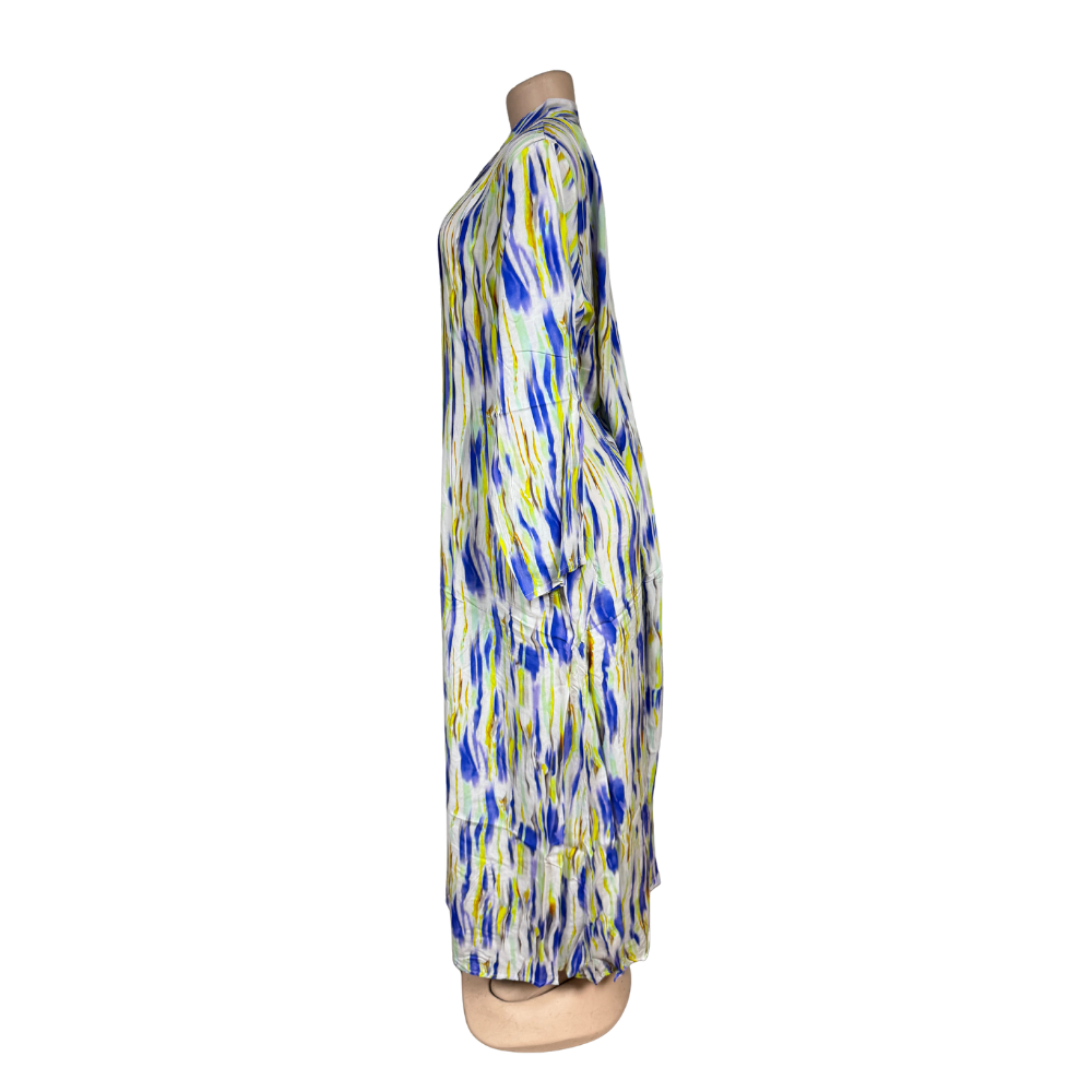 Modinza Women’s Printed Jalabiya – Long Sleeve, Lightweight Cotton Blend, Multicolor Brushstroke Design