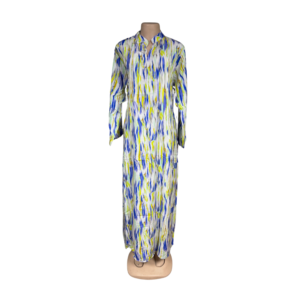 Modinza Women’s Printed Jalabiya – Long Sleeve, Lightweight Cotton Blend, Multicolor Brushstroke Design