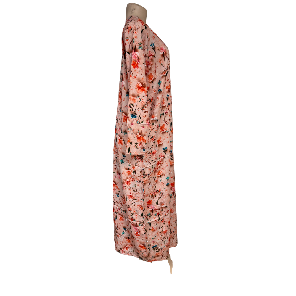 Modinza Women’s Floral Jalabiya – Long Sleeve, Cotton Comfort, Soft Pink Base with Vibrant Print