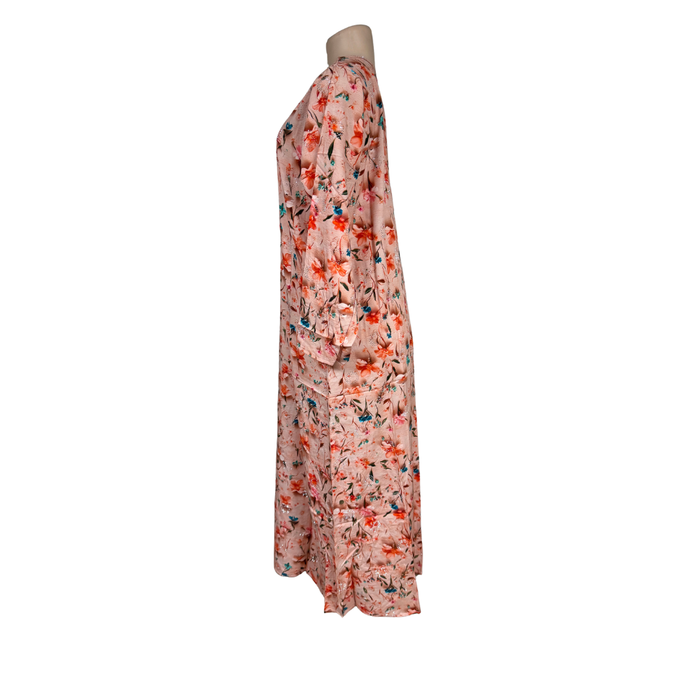 Modinza Women’s Floral Jalabiya – Long Sleeve, Cotton Comfort, Soft Pink Base with Vibrant Print
