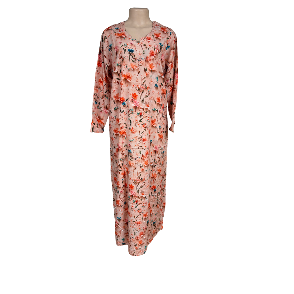 Modinza Women’s Floral Jalabiya – Long Sleeve, Cotton Comfort, Soft Pink Base with Vibrant Print