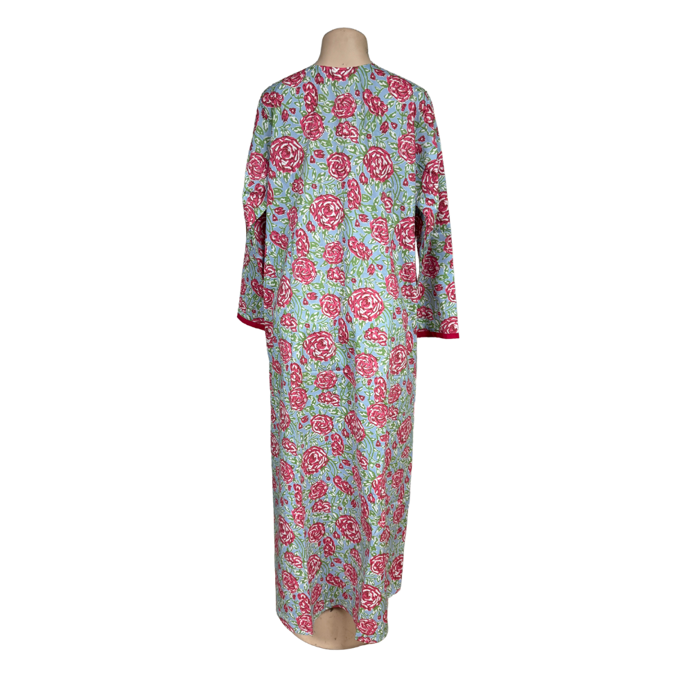 Modinza Floral Cotton Jalabiya with V-Neck – Mint Green Base with Rose Print