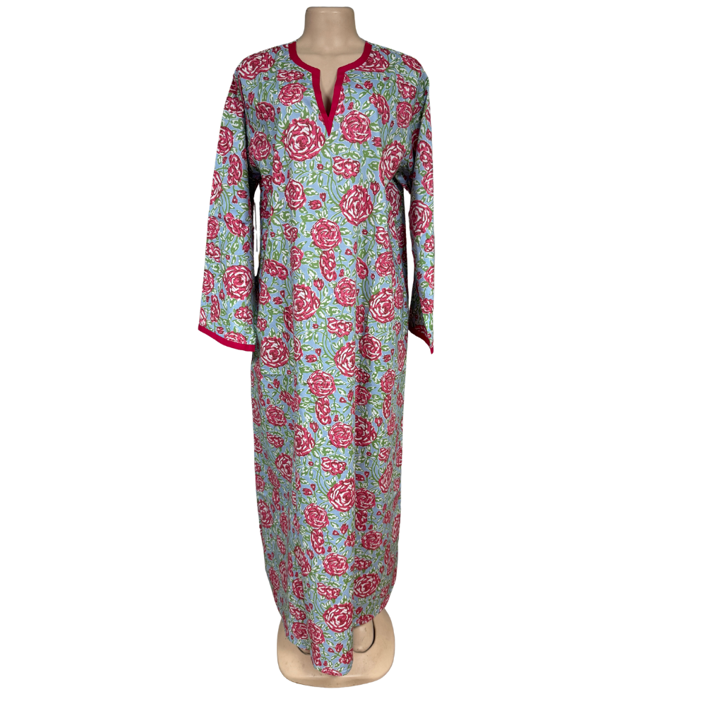 Modinza Floral Cotton Jalabiya with V-Neck – Mint Green Base with Rose Print
