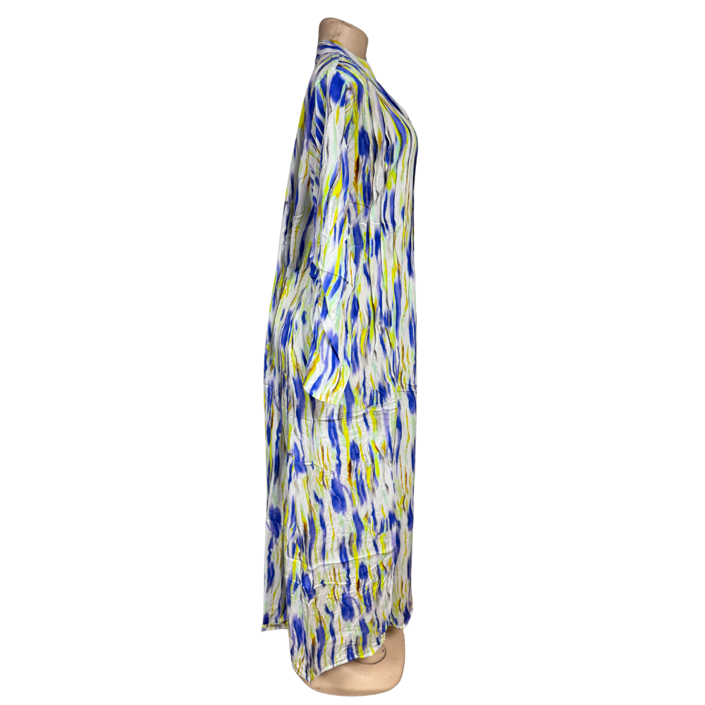 Modinza Women’s Printed Jalabiya – Long Sleeve, Lightweight Cotton Blend, Multicolor Brushstroke Design