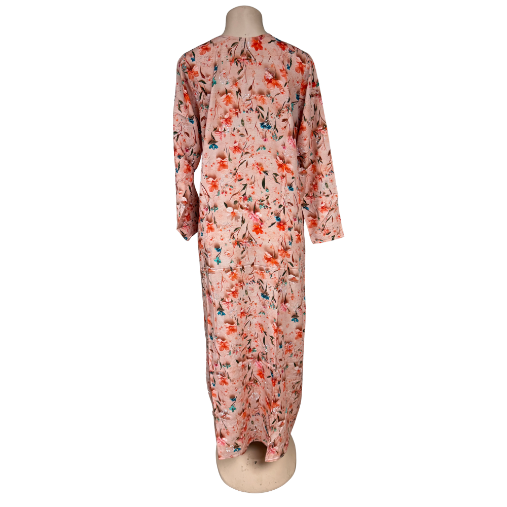 Modinza Women’s Floral Jalabiya – Long Sleeve, Cotton Comfort, Soft Pink Base with Vibrant Print