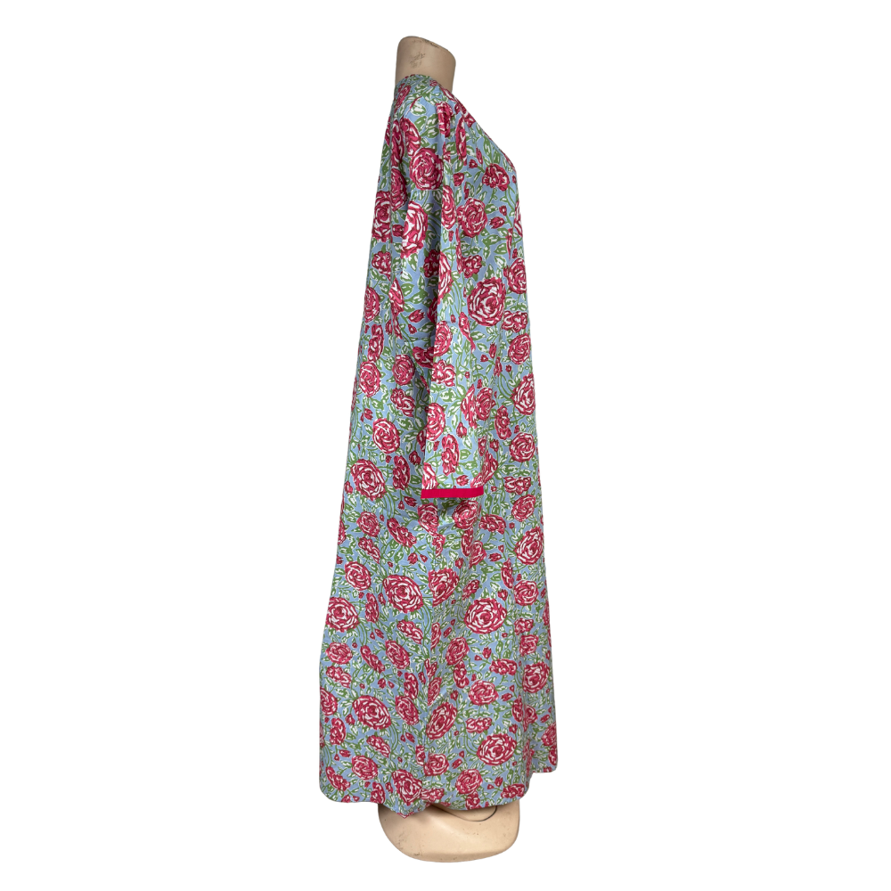 Modinza Floral Cotton Jalabiya with V-Neck – Mint Green Base with Rose Print