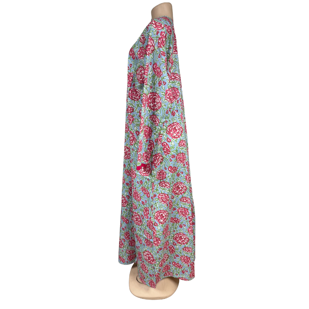 Modinza Floral Cotton Jalabiya with V-Neck – Mint Green Base with Rose Print