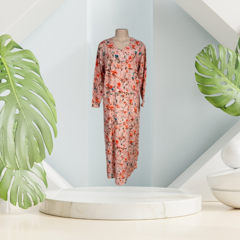 Modinza Women’s Floral Jalabiya – Long Sleeve, Cotton Comfort, Soft Pink Base with Vibrant Print