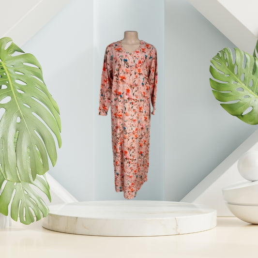 Modinza Women’s Floral Jalabiya – Long Sleeve, Cotton Comfort, Soft Pink Base with Vibrant Print
