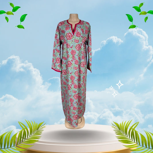 Modinza Floral Cotton Jalabiya with V-Neck – Mint Green Base with Rose Print